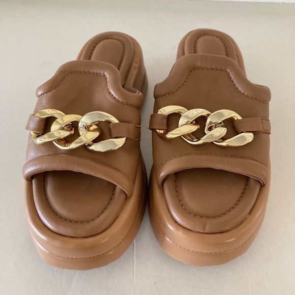 Alba Moda Anthropologie Brown Leather Gold Hardware Platform Slide Sandals Sz 36 - Picture 1 of 6